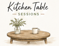 Kitchen Table Sessions logo with a flower vase and coffee cup on a round table