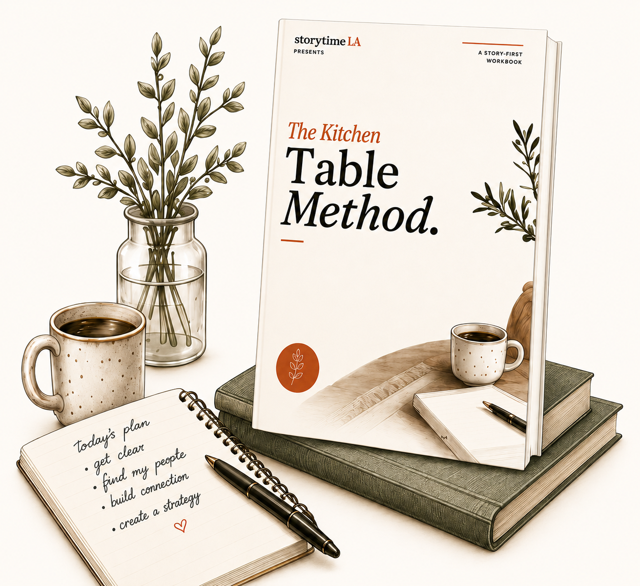 The Kitchen Table Method workbook standing on stacked books, with a leafy vase, coffee mug, and open notebook