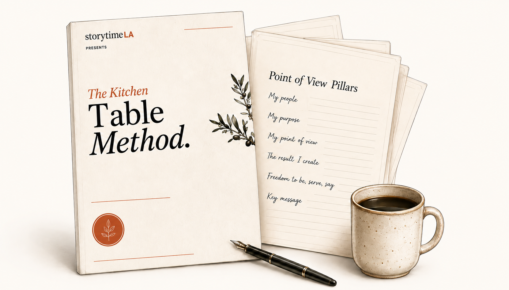 The Kitchen Table Method workbook with sample exercise pages, a coffee mug, and pen