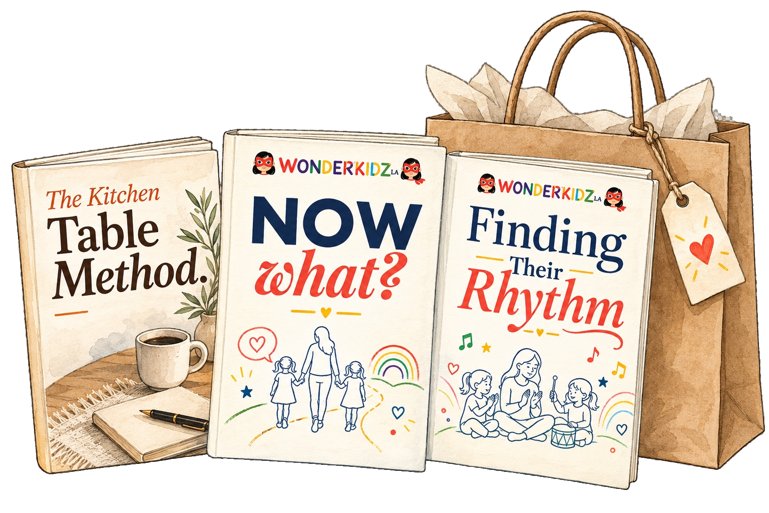 The Kitchen Table Method, Now What?, and Finding Their Rhythm books in front of a kraft shopping bag