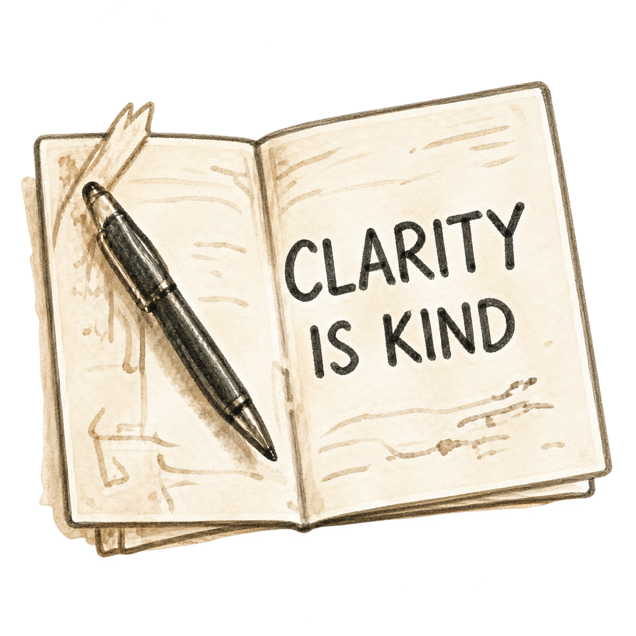 Open notebook reading Clarity is Kind with a pen